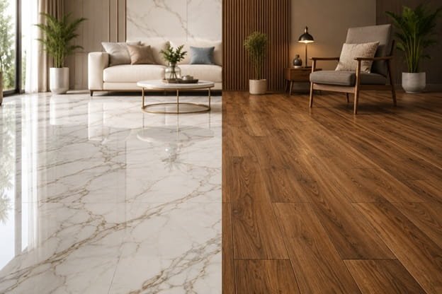 Marble vs Wood Tiles: Choosing the Right Floor Finish for Your Home